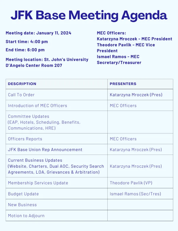 Base Meeting Agenda