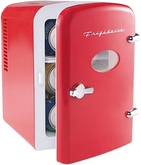 red portable mini fridge with soda cans inside