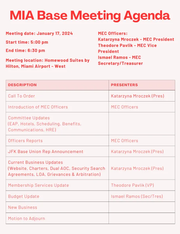 MIA Base Meeting Agenda